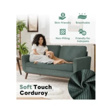 Tbfit 65" Corduroy Couch For Living Room, Mid Century Modern Loveseat Sofa With Spring Cusions For Bedroom, Small Comfy Upholstered Love Seat Easy Assembly With Solid Wood Legs & 2 Pillows, Green - 65吋綠色 - 查看 4