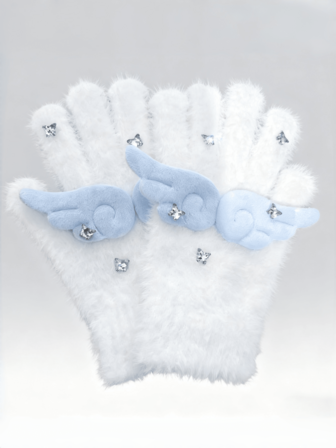 1pair Kawaii Angel Wing Design Fuzzy Fingerless Gloves For Women & Girls, Adorned With Shiny Rhinestone Details, Cute Fashion Accessory For Cosplay Events, Festival Celebrations, Daily Streetwear, Perfect For Fall & Winter Styling, Novelty Plush Gloves With Playful Wing Decoration Men Women Clothing Winter