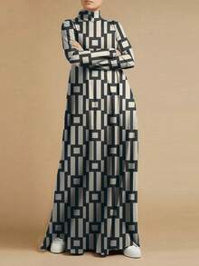 女士秋冬图案连衣裙，宽松时尚立领长袖连衣裙，优雅印花休闲秋冬连衣裙 - 黑色 - 查看 1