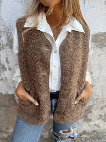 Plus Size Women Elegant Casual Vest Jacket With Front Buttons And Pockets, Suitable For Daily Commute - Khaki - View 1