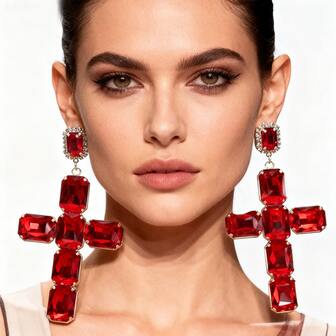 1Pair Exaggerated Large Glass Cross Earrings With Copper Base, Red Sparkling And Luxurious Christmas Earrings,