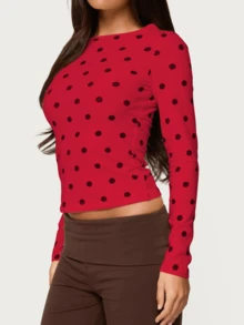 Polka Dot Tops For Women Y2K Long Sleeve Crop Top Ladybug Costume Vintage Cute Slim Fit Crew Neck Shirt Going Out Streetwear - 紅色 - 查看 2