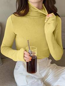 Women Turtleneck Long Sleeve T-Shirt, Tight Fit, Layering Knit Top, Versatile For Autumn/Winter - Yellow - View 3
