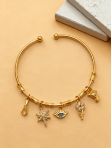 1 pezzo Bracciale regolabile in rame placcato oro 18K, stile bohémien con pendenti a forma di stella, luna, occhio del diavolo, nappina, orso, gioielli punk goth, adatOgnissantilloween, Ringraziamento, feste invernali, ottimo regalo per adolescenti e accessori gioielleria da donna