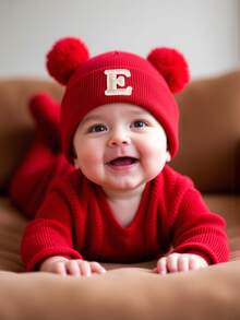 1 件圣诞婴儿帽个性化婴儿针织帽幼儿儿童 26 个字母无檐小便帽工艺女婴骷髅帽适合婴幼儿女孩日常佩戴 - 紅色 - 查看 3