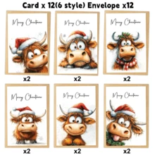 12pcs Funny Highland Cow Christmas Greeting Cards With Envelopes, Holiday Blessing Cards For Friends And Family, Universal Christmas Celebration Cards, Blessing Cards - Multicolor - View 7