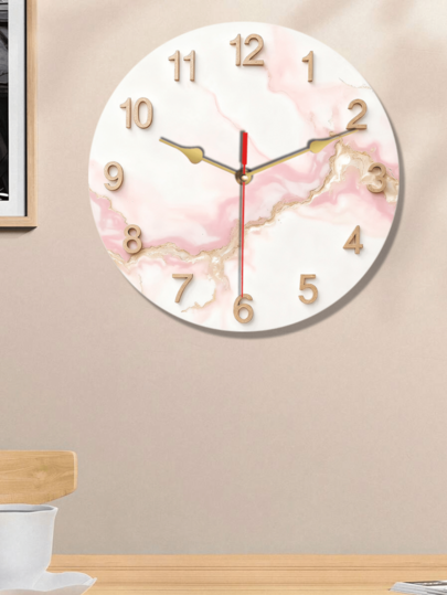 Pc 10 Inch/12 Inch 2D Flat Roze Marble Texture Pattern Silent Klok Wooden Theme Wand Clock, Living Room, Bedroom, Kitchen ation, Home Abstract Art Battery Powered (AA Batteries Not Included), view 2