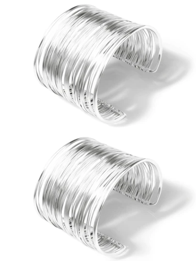 2 件女士宽口金属丝袖口手链，银色可调节腕袖线圈手链袖口，适合日常佩戴、派对、聚会、送给她的礼物