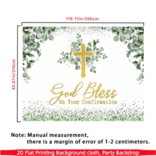 Banner de fundo religioso plano 2D com cruz - Feito de tecido de poliéster, decorado com cruz dourada, folhas de eucalipto verde e a frase "Deus abençoe sua confirmação", adequado para celebrações de confirmação cristã, eventos religiosos, decoração interna/externa e fundo para fotos. - Multicolorido - Ver 9