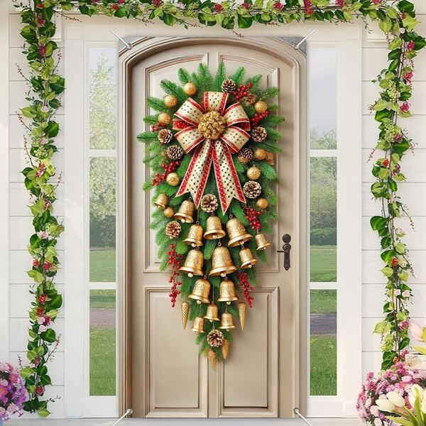 1pc, Festive Christmas Door Wreath With Golden Bells And Red Ribbon, Polyester Door Cover Banner, 70.8x35.4 Inches, Holiday Home Decor For Front Door, Party Banner For Festive Event Decoration