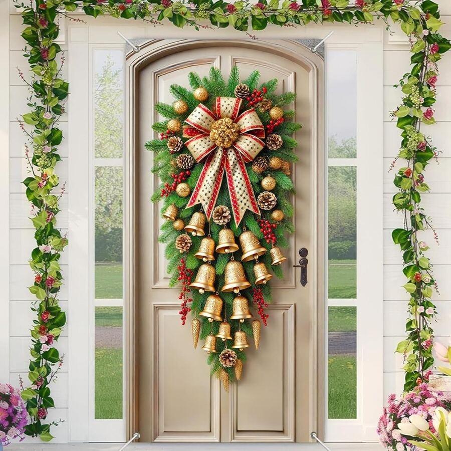 1pc, Festive Christmas Door Wreath With Golden Bells And Red Ribbon, Polyester Door Cover Banner, 70.8x35.4 Inches, Holiday Home Decor For Front Door, Party Banner For Festive Event Decoration