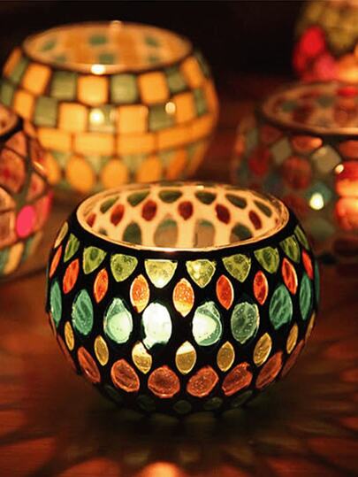 1 件欧洲马赛克彩色玻璃小烛台，玻璃烛台套装闪亮烛台，手工制作的独特装饰图案中心装饰适用于浪漫烛光晚餐装饰、圆形烛台、排灯节、节日派对和家居装饰。
