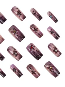 Sanrio Instantly Upgrade Your Look With This 24pcs Long Square Full Set Of False Nails! Blending Vintage Elegance, Luxurious Dreaminess, Modern Sophistication And Fresh Vibes, It Features Gradient Purple-Brown Hues, 3D Dark Purple Floral Patterns