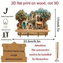 [Ins Style]Creative Wooden Key Hook Mediterranean Pastoral Entryway Storage Rack Wall Decor Key Holder Entryway Foyer Key Hanging Shelf Decorative Key Hook Rack, 1pc, 2D Flat Design - Multicolor - View 7