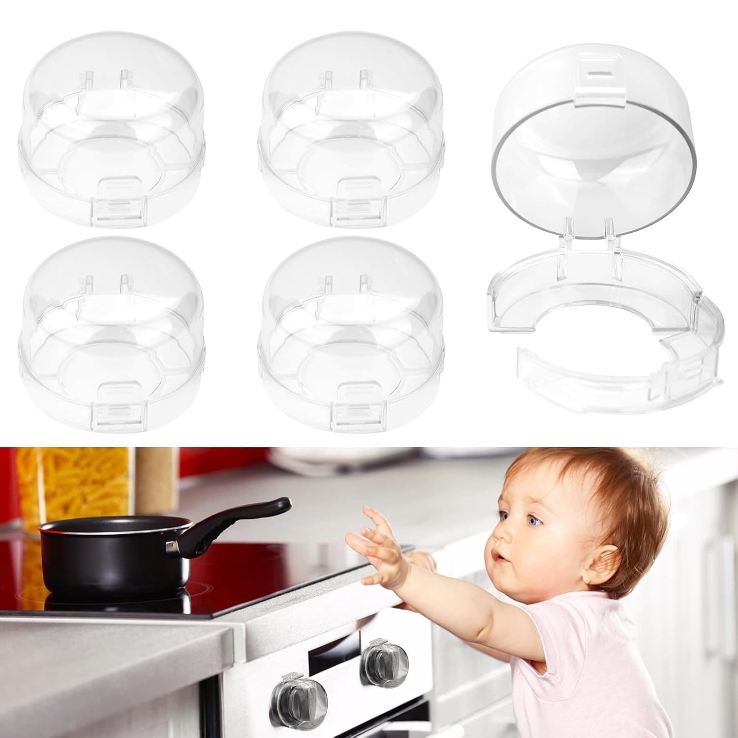 5 Gas Stove Switch Protector Covers - Anti-Oil Splash, Upgraded Buckle Design, Fit For All Gas Stoves, Durable PP Material, Easy Installation, Kitchen Safety Upgrade, Stove Top Protector, Modern Kitchen Accessory, Clear Cover Design - White - View 1