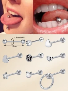 1 件心形不锈钢舌钉 女士舌铃钉 14G 舌穿孔饰品 舌环 银线舌铃环饰品 - 舌釘-B - 查看 4