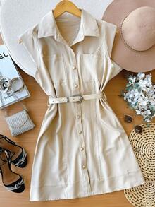 Short Dress With Overlapping Stitching And Tailoring With Belt - 米色 - 查看 2