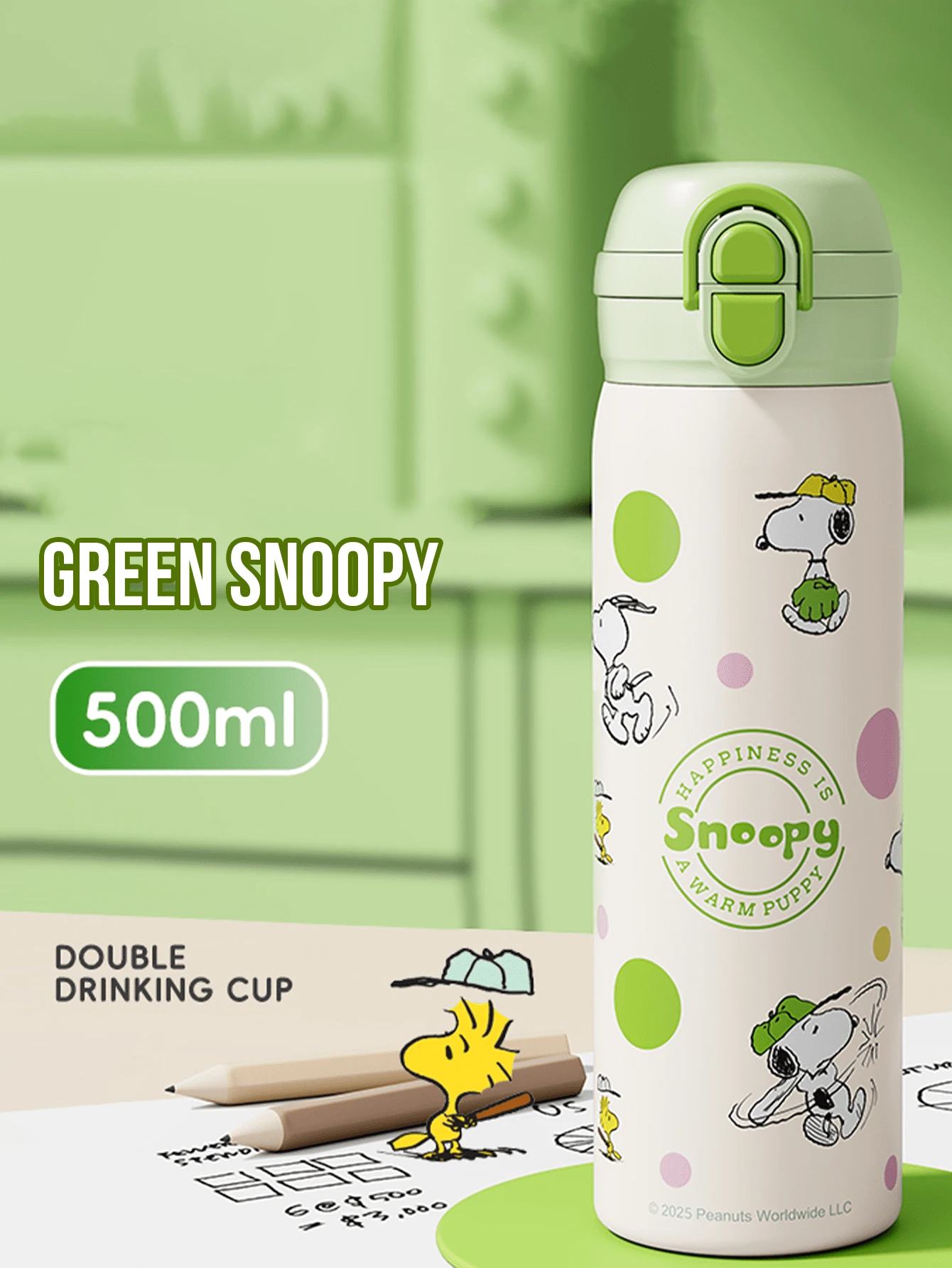 SNOOPY Polka Dot Thermal Insulated Water Bottle - Green Edition, 500ml Leak-Proof Stainless Steel Double Drinking Cup with Cute Snoopy Design, Long-Lasting Temperature Retention, Adorable & Stylish, Perfect for Students & Office Workers, Great for Dailyunch Commute, Lunch & Travels, Office & Travel
