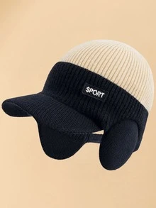 JZML 1pc Men's Color Block Letter Decor Thermal Lined Earflap Knit Beanie Hat Accessories For Winter - C - View 10