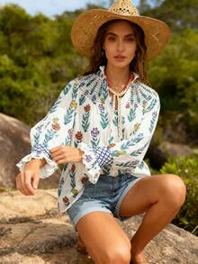 1pcs Floral Print Long-Sleeved Women's Shirt Top With Buttons, Ruffled Stand-Up Collar, Ruffled Shoulders And Cuffs, Machine Washable Fabric, Suitable For Autumn And Winter