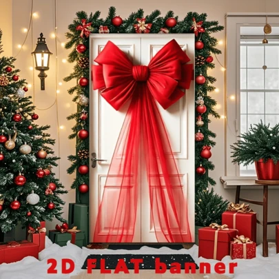 2D flache elegante rote Schleifen-Tür-Flagge - multifunktionale waschbare Polyester-Dekoration, geeignet für Hochzeiten, Geburtstage, Eröffnungszeremonien - perfekt für Veranden und Eingänge, besonders für Weihnachten