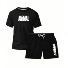 KIT CONJUNTO ACADEMIA ANIMAL CAMISETA 100% ALGODAO+SHORT TECTEL MASCULINO LANÇAMENTO TOP - cáqui/preto - Visão 5