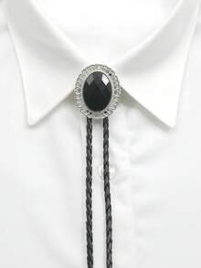 ربطة عنق بولو لرجال ونساء، بسلك جلد أسود على الطراز الغربي القديم مزين بأحجار كريمة لامعة، إكسسوار قلادة رسمي أو كاجوال