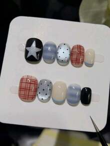 10 片杏仁形按压指甲法式手工制作简约时尚星形格纹清新猫眼，全覆盖易粘贴设计，适合女性海滩度假和派对 - 型号 M - 彩色 - 查看 11