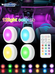 GLANBERT 4/2件套汽车彩色装饰灯，RGB遥控脚灯，高亮度多模式氛围灯，13色车内LED圆盘灯，车内夜灯，适用于汽车和家居装饰，触摸式氛围LED脚灯，高亮度多模式氛围灯（不含电池）
