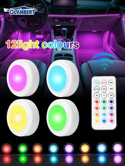 GLANBERT 4/2pcs Car Colorful Decorative Lights, RGB Remote Control Foot Lights, High Brightness Multi-Mode Atmosphere Lights, 13-Color Car Interior LED Disc Lights, Interior Night Lights, Suitable For Vehicle & Home Decor, Touch-Sensitive Atmosphere LED Foot Lights, High Brightness Multi-Mode Atmosphere Lights (Batteries Not Included)