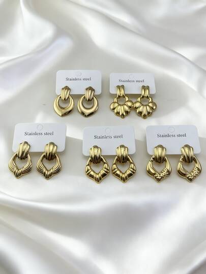 5 pares de brincos de ouro em aço inoxidável elegantes e modernos para mulheres, brincos redondos grossos banhados a ouro 14K, brincos femininos leves e requintados, brincos antialérgicos, adequados para adolescentes, presentes para festas e joias