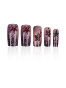 Sanrio Instantly Upgrade Your Look With This 24pcs Long Square Full Set Of False Nails! Blending Vintage Elegance, Luxurious Dreaminess, Modern Sophistication And Fresh Vibes, It Features Gradient Purple-Brown Hues, 3D Dark Purple Floral Patterns