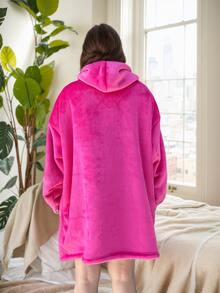 1pc Flannel Blanket With Sleeves, Winter Hooded Sweatshirt, Wearable Blanket With Giant Pockets, 3 Pocket Entries On Left, Right And Top Sides, Suitable For Adults And Small Pets - Hot Pink - View 3