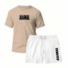 KIT CONJUNTO ACADEMIA ANIMAL CAMISETA 100% ALGODAO+SHORT TECTEL MASCULINO LANÇAMENTO TOP - cáqui/preto - Visão 2