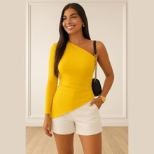 Women's Asymmetrical Blouse, Elegant One Shoulder, Long Sleeve, Premium Ribbed - 黃色 - 查看 3