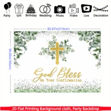Banner de fundo religioso plano 2D com cruz - Feito de tecido de poliéster, decorado com cruz dourada, folhas de eucalipto verde e a frase "Deus abençoe sua confirmação", adequado para celebrações de confirmação cristã, eventos religiosos, decoração interna/externa e fundo para fotos. - Multicolorido - Ver 13