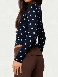 Polka Dot Tops For Women Y2K Long Short Sleeve Tee Crop Top Vintage Cute Slim Fit Crew Neck Shirt Going Out Streetwear - 藏蓝色 - 查看 2
