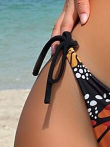 Women's Butterfly Print Bikini Set - Halter Neck & Side Tie Bottoms For Summer Beach Vacations - Multicolor - View 5