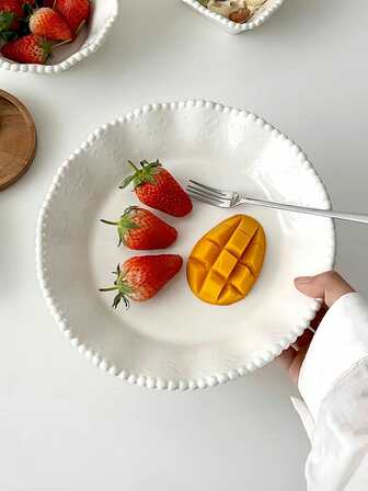 1 pieza Plato de cerámica con encaje en relieve y borde de perlas, plato de cena blanco con encaje y perlas en relieve estilo francés romántico, plato de postre lujoso, plato de desayuno de alta gama, plato elegante para el hogar, adecuado para restaurantes, salas de estar, hoteles, pastelerías