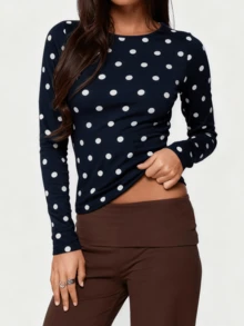 Polka Dot Tops For Women Y2K Long Sleeve Crop Top Ladybug Costume Vintage Cute Slim Fit Crew Neck Shirt Going Out Streetwear - 黑色 - 查看 1