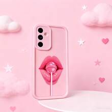 1 pieza Funda de teléfono con diseño de labios de piruleta, marco de lente mate rosa con diseño escalonado de cobertura completa y anti-caída, carcasa suave compatible con Samsung/Galaxy/OPPO/VIVO/Honor/Realme