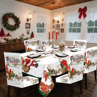 1/4/5/6/35 st. Julsnöhus, renar, jultomten, julgransmönster Dekorativ digitaltryckt duk och stolsöverdrag - inomhusmöbler, dammtät och tvättbar duk, lämplig för inomhusmatsal, familjesammankomster, presenter, högtidsfester