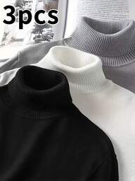 3pcs Men's Casual Comfortable Thermal Lined Turtleneck Sweaters, Slim Fit, Suitable For Indoor And Outdoor Activities, Can Be Gifted To Couples, 100% Polyester, Multiple Colors Available