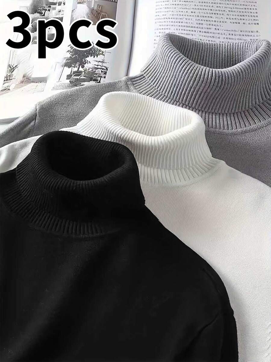 3pcs Men's Casual Comfortable Thermal Lined Turtleneck Sweaters, Slim Fit, Suitable For Indoor And Outdoor Activities, Can Be Gifted To Couples, 100% Polyester, Multiple Colors Available - Multicolor - View 1