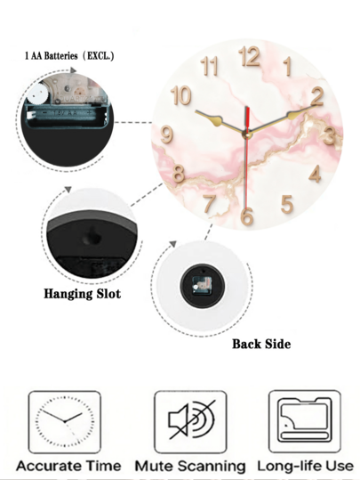 Pc 10 Inch/12 Inch 2D Flat Roze Marble Texture Pattern Silent Klok Wooden Theme Wand Clock, Living Room, Bedroom, Kitchen ation, Home Abstract Art Battery Powered (AA Batteries Not Included), view 5