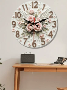 1 Pc 10 Inch/12 Inch Round Wall Clock, 2D Style, Decorated With Pink Roses And Angel Wings, Silent And Non-Tick-Tick, Suitable For Home Decoration And Gift Giving, Requires AA Batteries (Batteries Not Included)