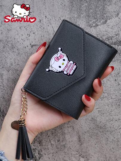 Sanrio 1Pc Sanrio Hello Kitty Women's Mini Wallet - Compact And Lightweight Tri-Fold Design With Snap Button Closure, Multiple Card Slots And Tassel Accents - Everyday Essential Organizer (Black), Cute Style, Card Holder, Tassel Accents.Local Defects, Do Not Buy If You Mind