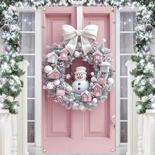1pc, 2D Christmas Cute Snowman Banner, Cute Pink Floral Wreath Decoration Ball Hanging Background Sign, 35.4x70.8-Inch Photo Booth Props, Indoor And Outdoor Party Supplies (5) - Multicolor - View 2