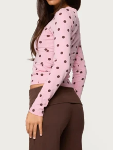 Polka Dot Tops For Women Y2K Long Sleeve Crop Top Ladybug Costume Vintage Cute Slim Fit Crew Neck Shirt Going Out Streetwear - 粉色 - 查看 3