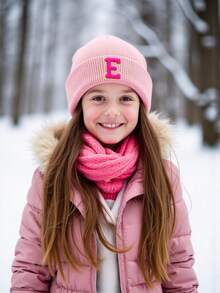 1 件儿童针织帽，26 个字母图案，纯色针织帽，女童儿童帽，户外保暖帽，秋冬 - 粉色 - 查看 4